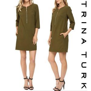 Trina Turk olive green half zip 3/4 sleeve dress size 2.
